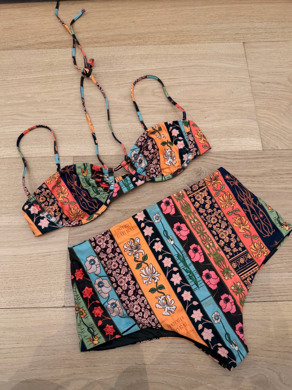 Women's Multicolor Floral Stripe Bikini Top and Cover - Top L and Bottom M